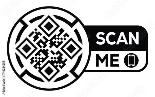 Minimalist black and white QR code icon with “Scan Me” label and smartphone symbol. Clean modern design ideal for digital access, marketing, payments, and contactless technology concepts.