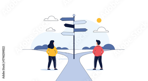 Two people stand at a crossroads contemplating different directions.