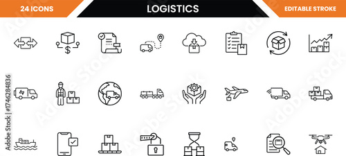 Logistics icons set with editable strokes, representing various aspects of supply chain, delivery, and transportation