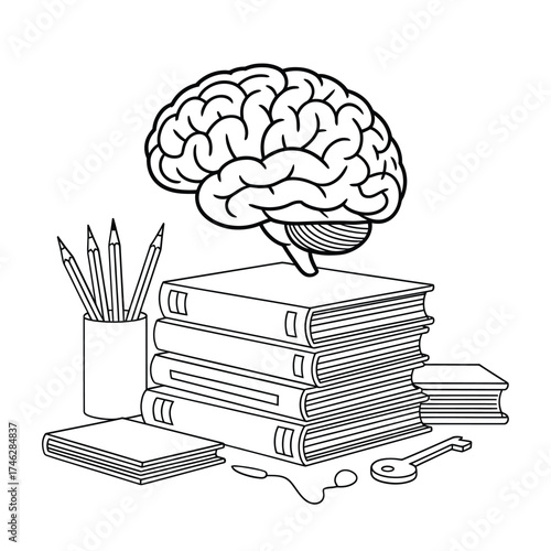 Brain above stack of books with pencils and notepad