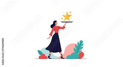 Woman carrying a golden star on a tray in a minimalist art style.