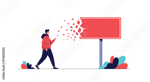 A person walks away from a dissolving billboard.