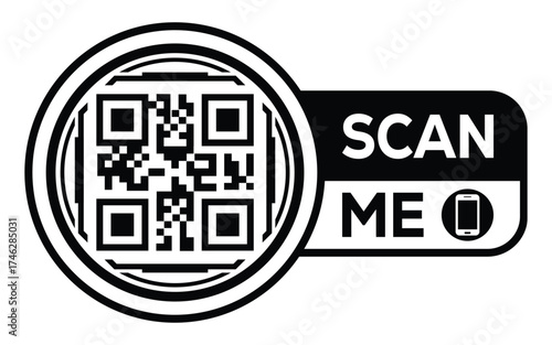 Minimalist black and white QR code icon with “Scan Me” label and smartphone symbol. Clean modern design ideal for digital access, marketing, payments, and contactless technology concepts.
