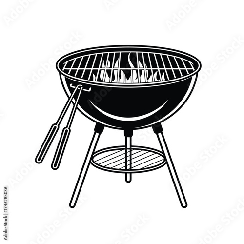 Black and white illustration of a charcoal grill with flames