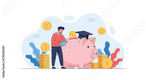 Student saving money for education with a piggy bank and coins.