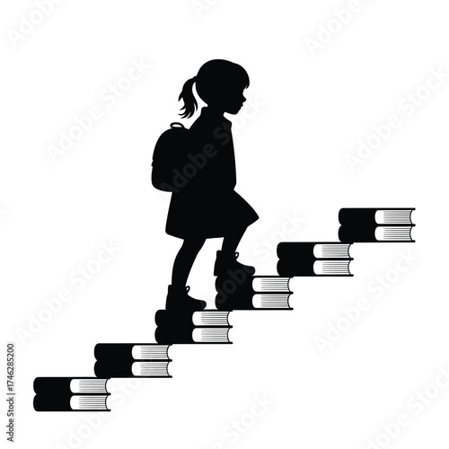 Silhouette of a young girl climbing stairs made of books towards knowledge