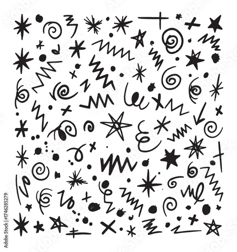 A whimsical collection of hand drawn black ink doodles and scribbles featuring stars swirls zigzags dots and crosses on a white background
