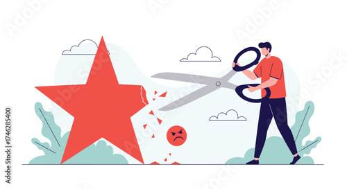 A person cutting a large red star with scissors.