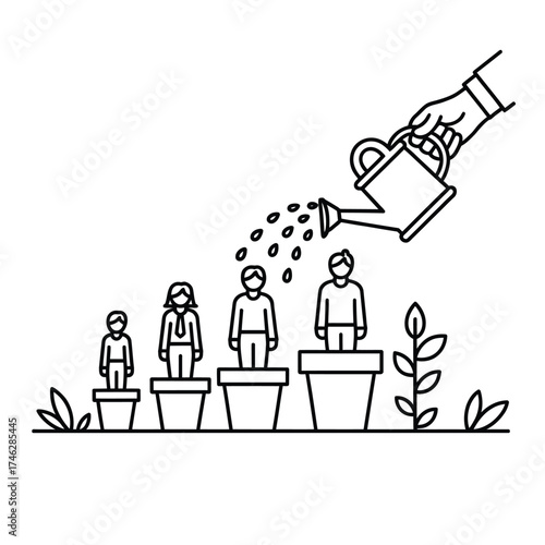 Hand watering people growing in pots representing personal growth