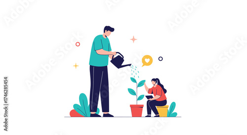 A father and daughter planting and watering plants together.