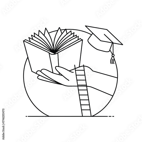 Open book on hand with graduation cap and ladder symbolizing education and knowledge