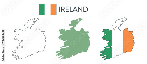 Ireland republic geographical borders isolated on white background. Flag of Ireland. Vector flat cliparts.