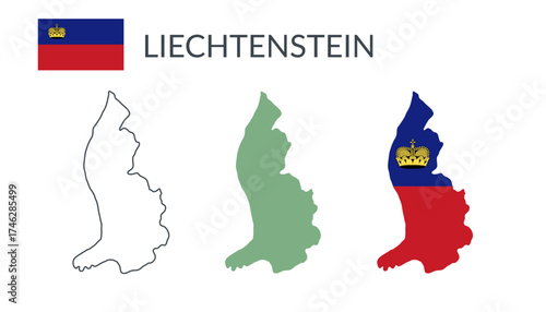 Principality of Liechtenstein geographical borders isolated on white background. Flag of Liechtenstein. Vector flat cliparts.