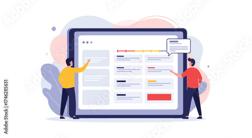 Analyzing project progress and data visualization on a large screen.