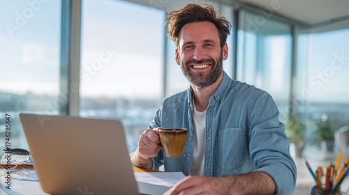 A happy man sitting at a table, using a laptop in a bright, modern home office. the man he is smiling while working online or looking for inspiration.