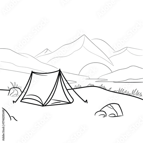 Hand drawn sketch of a tent set up in a mountainous landscape