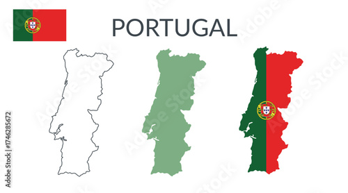 Portugal country geographical borders isolated on white background. Flag of Portugal. Vector flat cliparts.