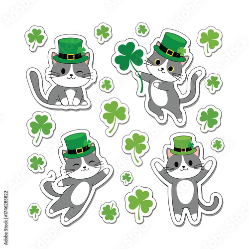 Adorable cartoon cats celebrating St. Patrick's Day, surrounded by shamrocks.