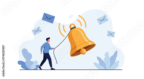 A person rings a large golden bell to send notifications and alerts to people.