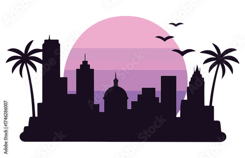 City Skyline Silhouette with Sunset and Flying Birds Vector Illustration