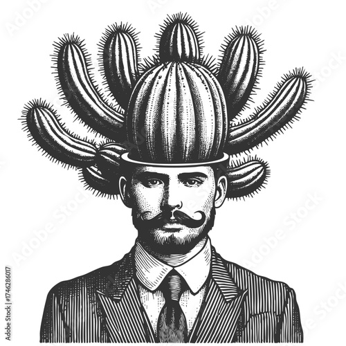 man in a suit with a cactus head, symbolizing resilience, toughness, and unusual creative concepts sketch engraving generative ai vector illustration. Scratch board imitation. Black and white image.