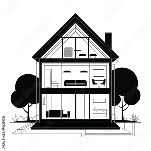 Modern house cross section with furniture and trees