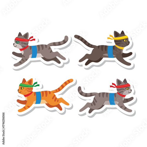 Four cartoon cats with headbands and harnesses running or jumping, depicted as stickers on a white background.