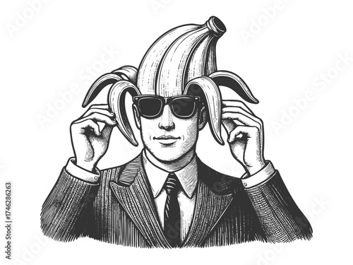 man in a suit and sunglasses with a peeled banana as his head, symbolizing humor and creativity sketch engraving generative ai fictional character vector illustration. Scratch board. Black and white.