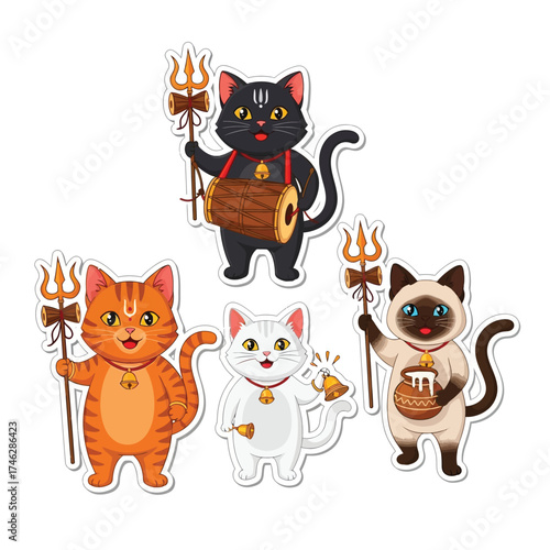 Four cartoon cats dressed as Hindu deities, each holding religious items like a trident, drum, pot, and bell.