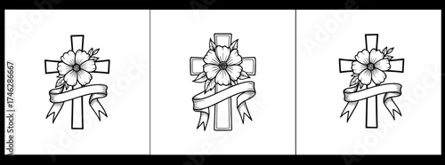 Poppy, Remembrance Day or Veterans Day Continuous Line Drawing with Editable Stroke and Copy Space, Abstract one line continuous poppy.Remembrance Day Flowers and Cross Remembering the Fallen Soldiers