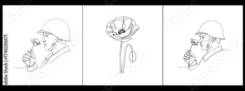 Poppy, Remembrance Day or Veterans Day Continuous Line Drawing with Editable Stroke and Copy Space, Abstract one line continuous poppy.Remembrance Day Flowers and Cross Remembering the Fallen Soldiers