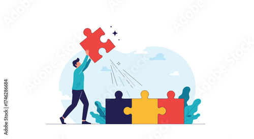 A man places the last piece into a puzzle forming a unified whole.