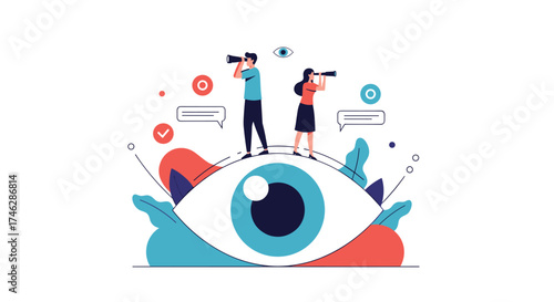 Two people looking through telescopes atop a giant eye.A vision of the future.