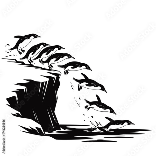 Penguins leaping from icy cliff into the ocean water