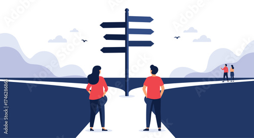 People standing at a crossroads with a signpost pointing in multiple directions.