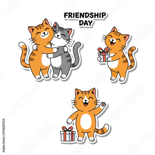 Cute cartoon cats celebrate friendship with hugs and gifts, a joyful illustration.