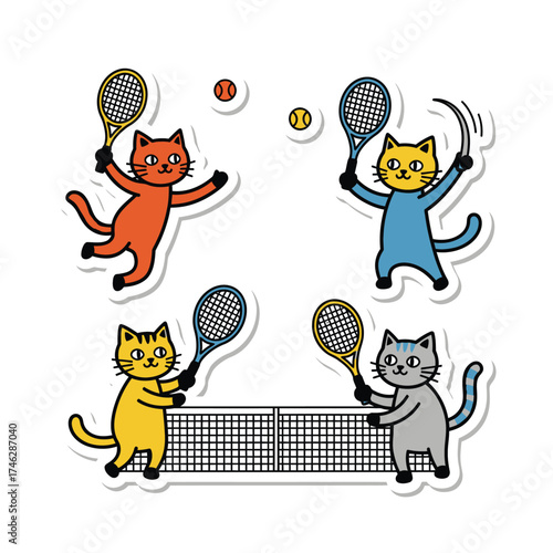 Cartoon cats playing tennis, demonstrating various actions with rackets and balls.