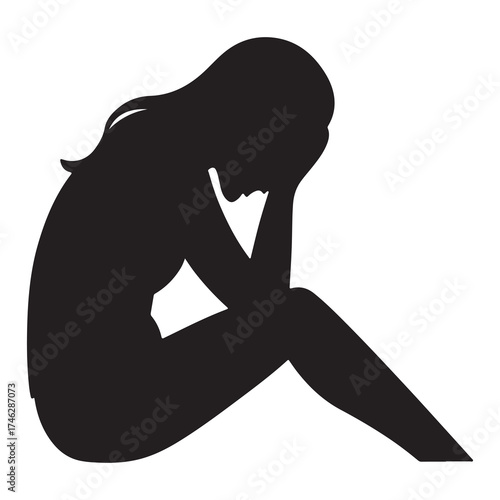 Silhouette of Sad Woman Sitting Alone in Depression Concept