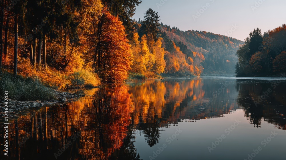 Obraz premium Serene Autumn Landscape with Colorful Forest Reflections on Water