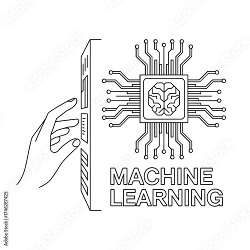 Hand interacting with a digital interface connected to a machine learning brain circuit