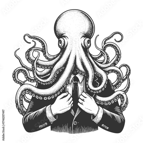 man in a suit with an octopus head, symbolizing multitasking, creativity, and complex thinking sketch engraving generative ai fictional character vector illustration. Scratch board. Black and white.