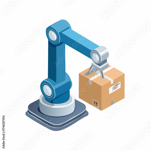 Industrial robotic arm holding a cardboard box.