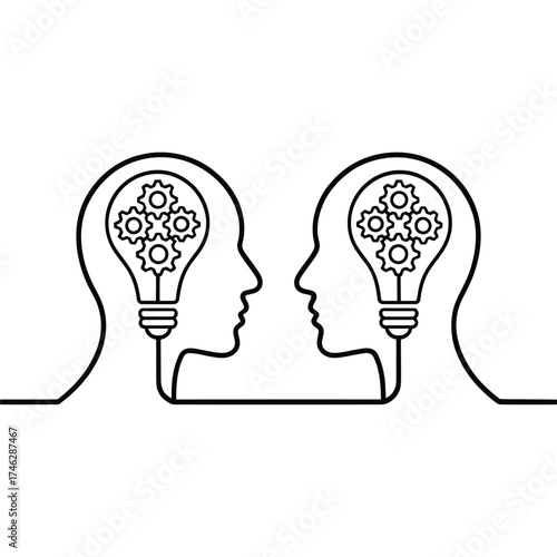 Two heads with lightbulb brains and gears symbolizing ideas and collaboration
