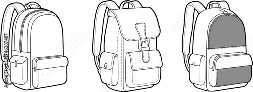 Set of modern backpack fashion flat sketches showing different stylish bag designs with pockets straps and detailed technical outlines for vector illustration
