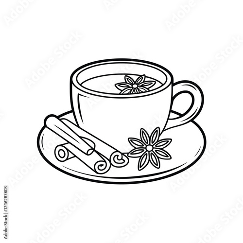 Hand drawn sketch of a cup of tea with cinnamon and star anise