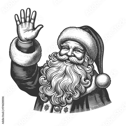 Santa Claus with a long beard and sack, waving cheerfully, Christmas joy and holiday tradition sketch engraving generative ai fictional character vector illustration. Scratch board. Black and white.