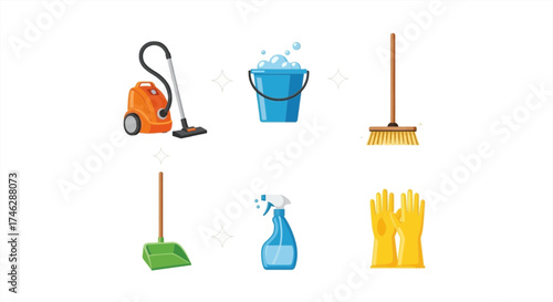 Sparkling cleaning tools for a fresh home including vacuum, bucket, broom, dustpan, spray bottle, and gloves, designed for cleanliness and hygiene