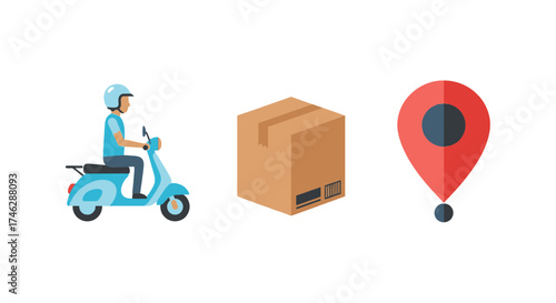 Fast delivery service with scooter, package, and location pin for efficient logistics and quick shipping solutions, perfect for e-commerce businesses
