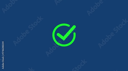 Green check mark icon.Animated check mark icon in white against dark blue background for positive affirmations and approved actions.
