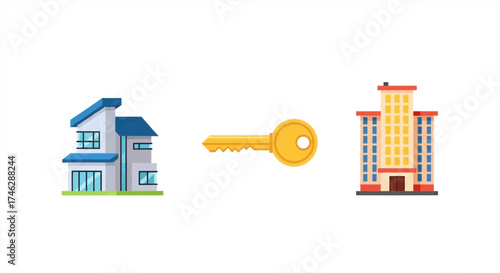 Unlock Your Dream Home or Office Building with the Right Key Real Estate Opportunity Awaits New Beginnings in a Modern House or a Commercial Tower